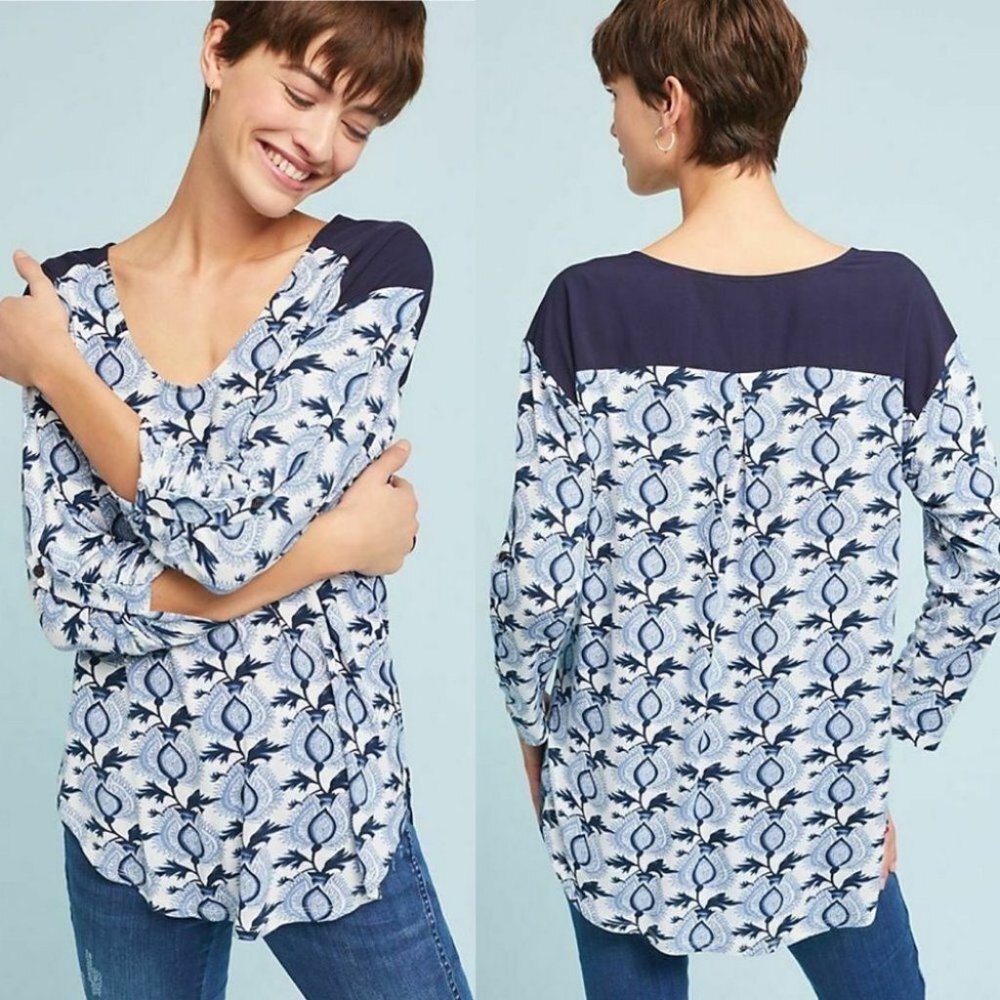 NWT Anthropologie Fall‎ Foliage Blue Tunic Blouse Size XS New With Tags Bohemian